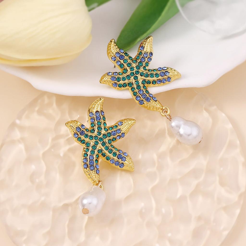 Fashion Ocean Wind Diamond Trend Colorful Starfish Ears, Imitation Pearl Pendant Beach Resort Wind Earrings