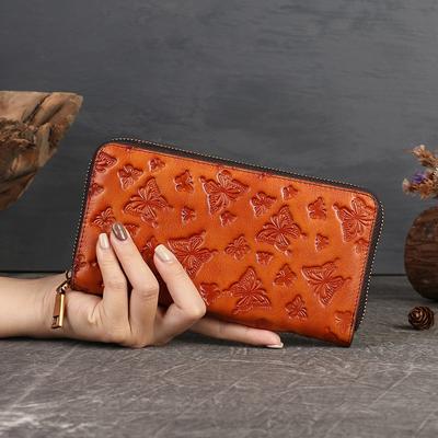 Butterfly Embossed Genuine Leather Wallets Women Retro Cowhide Wallet Card Holder Handmade Long Purse