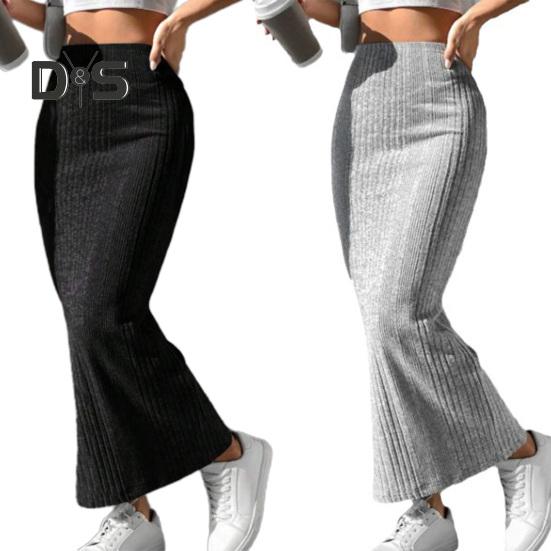 Women Fall Winter Skirt High Waist Knitted Elastic Thick Warm Ankle Length Striped Slim Fit Soft Sheath Lady Maxi Skirt