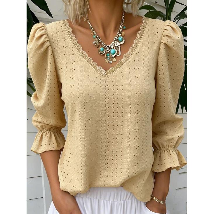 2026 Spring New Women's V-neck Hollow Casual Mid-sleeve Solid Color Top