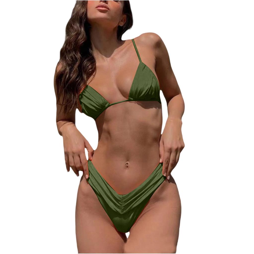 Women's Color Sexy Pleated Strappy Two,Piece Bikini Set