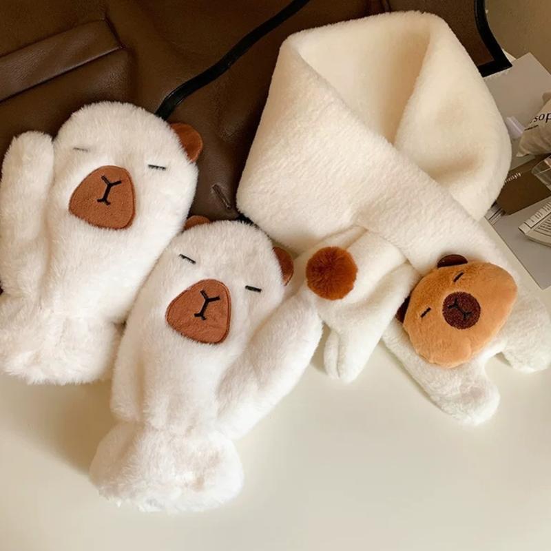 Lovely Plush Capybara Cartoon Scarf and Glove Set for Warmth Stylish Winter Wear Handwear and Neck Gaiter for Women Kids