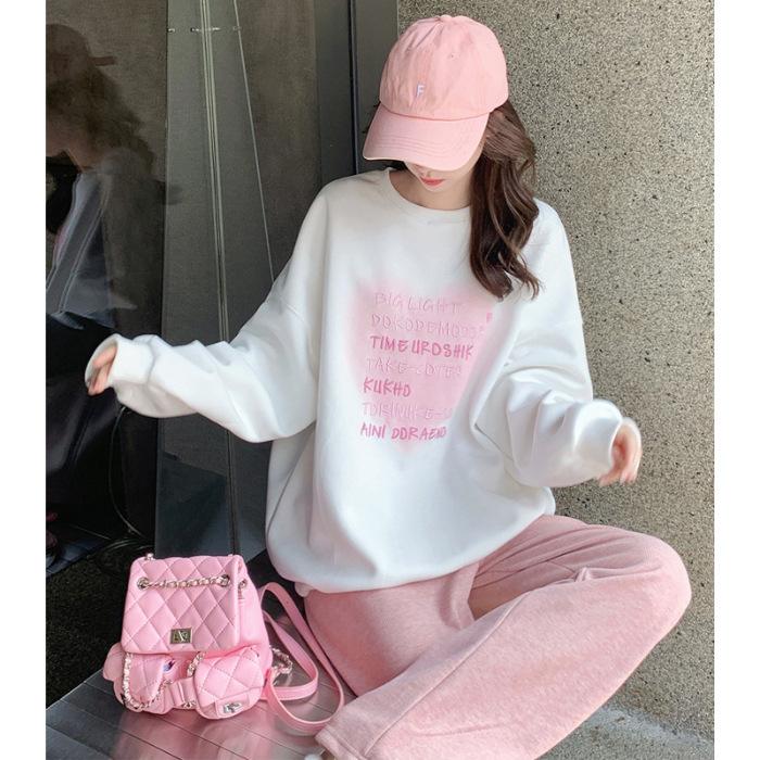 Design sense love letter oversize sweater women's autumn and winter velvet thickened round neck loose and thin pullover