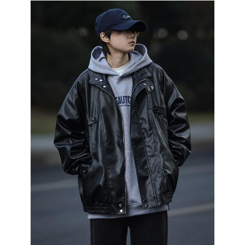 

Весенне-осенняя американская ретро куртка-пилот из ПУ кожи для мужчин и женщин, хулиганская, красивая, трендовая, свободная, со стоячим воротником, кожаная куртка, топ XXL чёрный