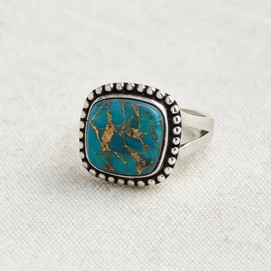

Copper Turquoise Ring, 925 Solid Sterling Silver, Handcrafted Cushion Cut Gemstone Jewelry 12 серебряный