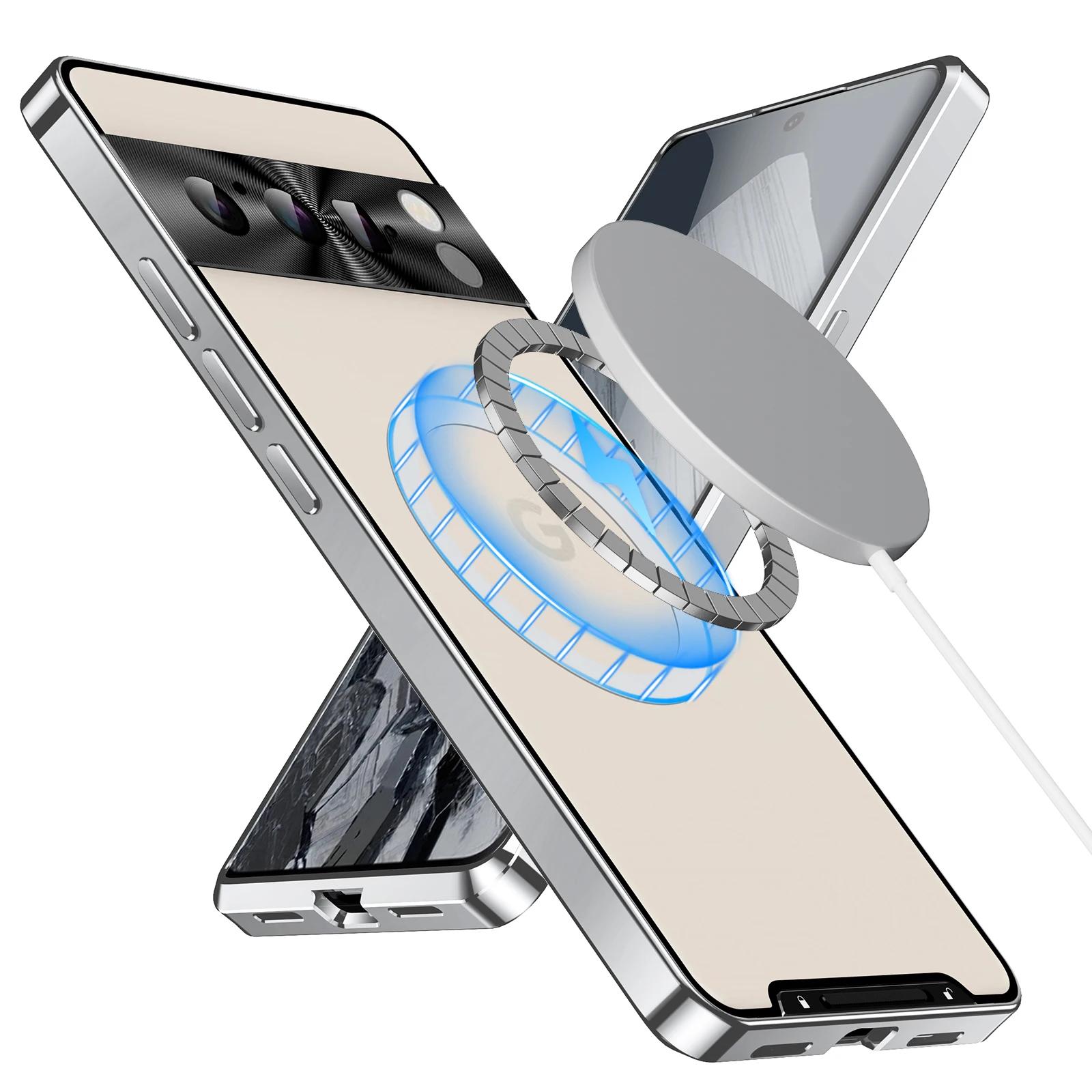

Магнитный чехол Coque для Google Pixel 8 Pro, алюминиевый сплав, металлический бампер, чехлы для Pixel 7, 7A, 6, защитный чехол для беспроводного зарядного устройства For Pixel 8 Pro серебряный