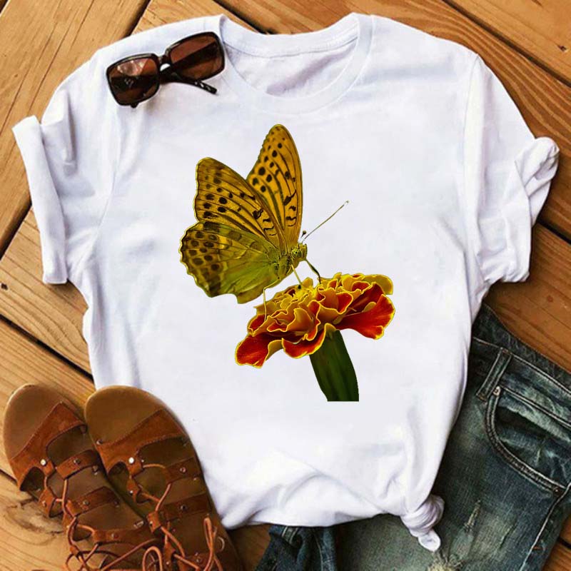 Women Flower Butterfly Fashion Print T Shirt Casual Short Sleeve Ladies T Tee Female Top Shirt Clothes Womens Graphic T-shirt