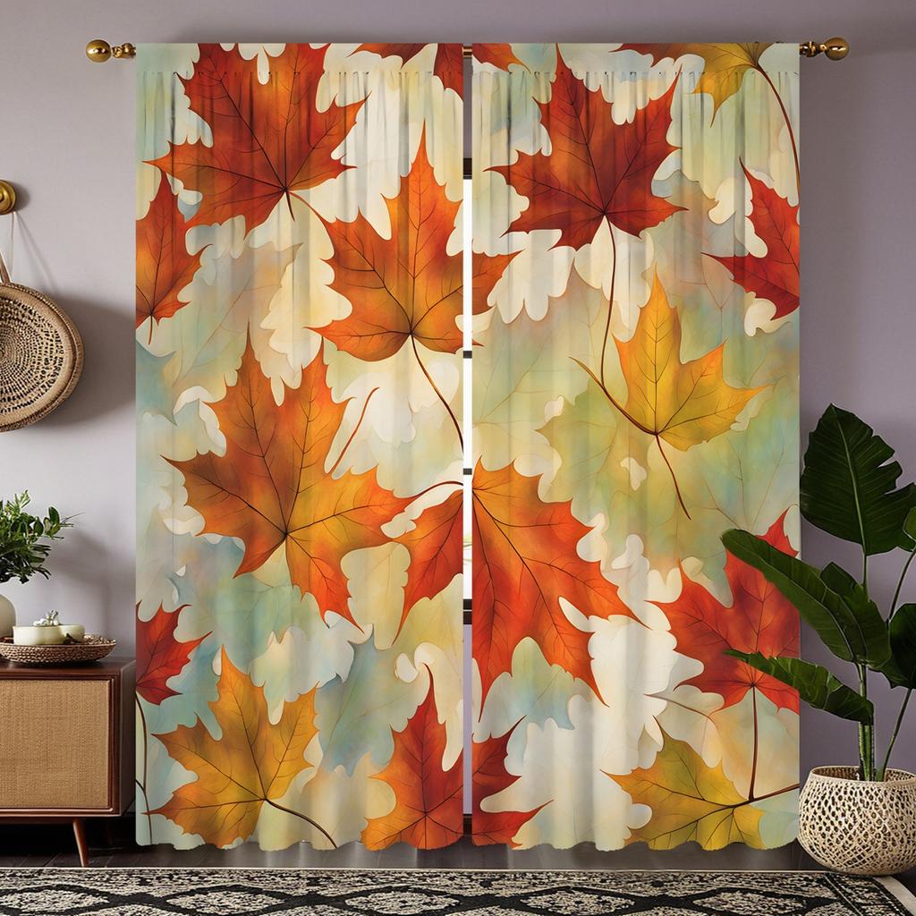 2 bucăți de frunze de arțar roșu de toamnă HD, perdea decorativă, perdea galbenă cu imprimeu digital, decorațiune stil decorațiune casă l