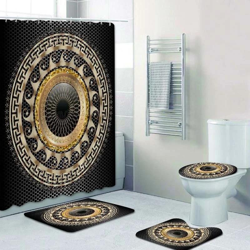 3D Luxury Black Gold Greek Key Meander Baroque Bathroom Curtains Shower Curtain Set For Bathroom Modern Geometric Bath Rug Decor