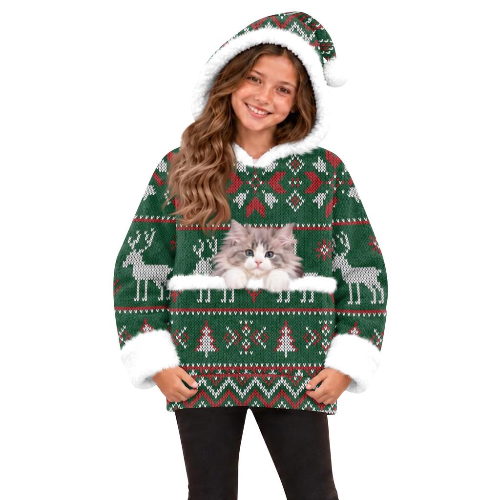 Kids Casual Christmas Pet Print Hooded Sweatshirt with Large Pocket for Holiday Wear