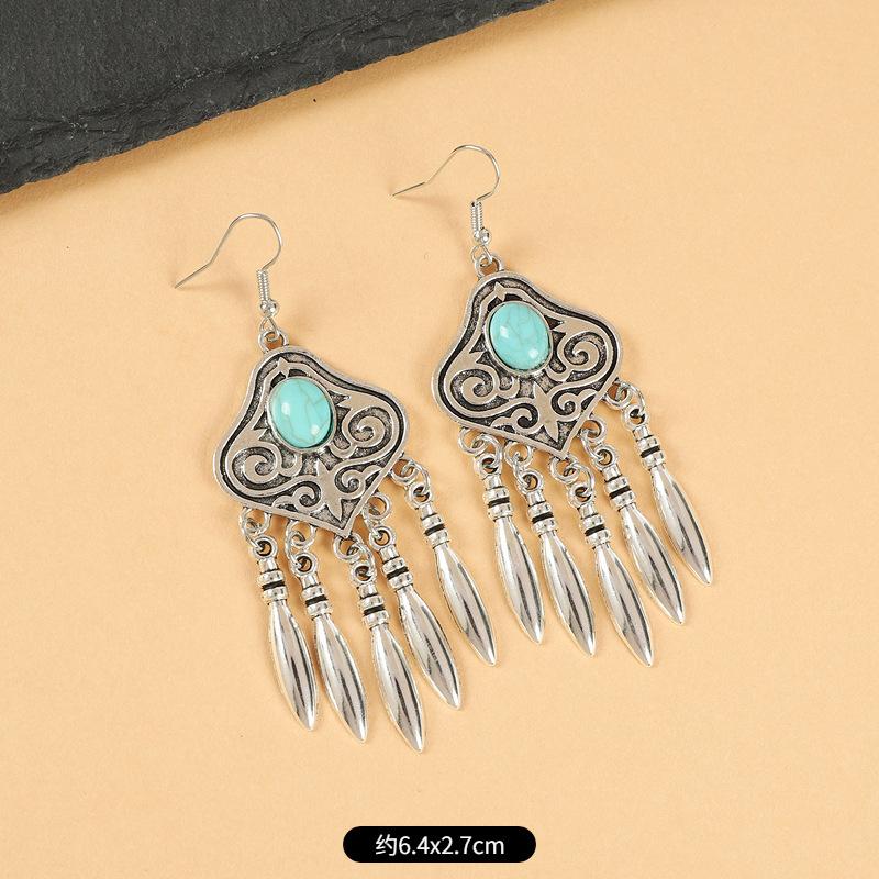 Vintage Miao silver fringed earrings with turquoise long Indian bohemian earrings Exotic earrings