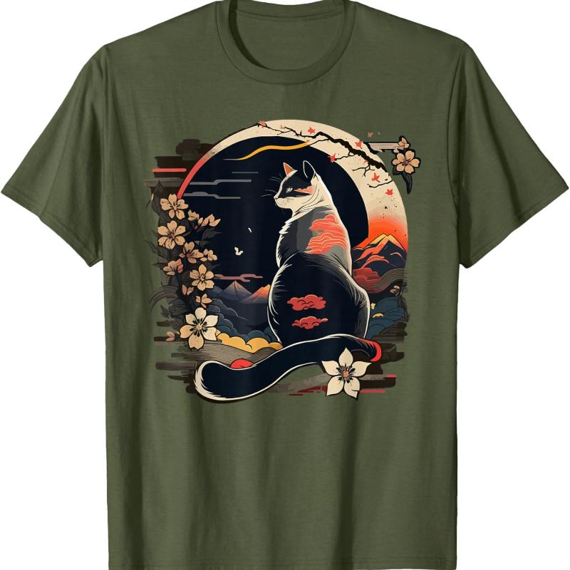 Kawaii Cat Anime Japanese Retro Unisex Women Funny Otaku High Quality Cotton TShirt Cute Graphic Tshirts Fashion Shortsleev