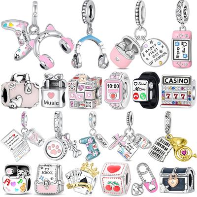 Argent 925 Original Mignon Rose Écouteur Cube Magique Breloques Pendentif Bracelet Collier Bijoux pour Femmes Filles