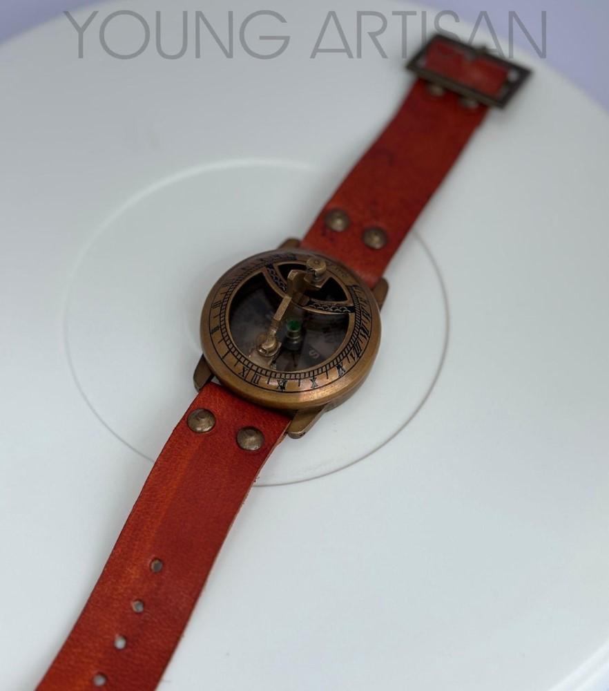 Sundial Wrist Watch Brass Compass & Leather Straps Nautical Steampunk Handmade