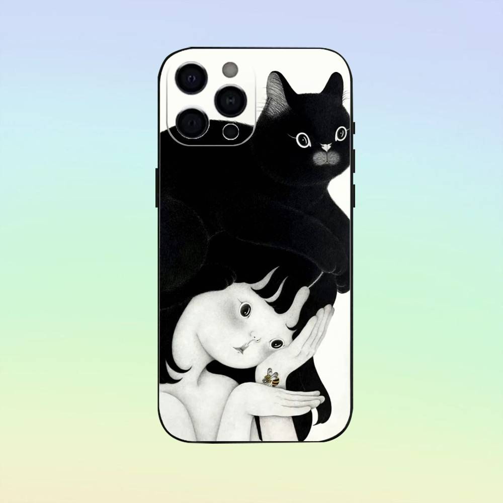 cute cat by artist Park Sung-O Phone Case For iPhone 17,16,15,14,13,12,11 ,Soft Silicone Black Cover iPhone17promax
