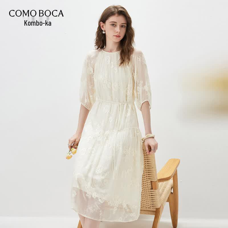 Comon Boca Women s Embroidered Silk Tie-Waist Dress L