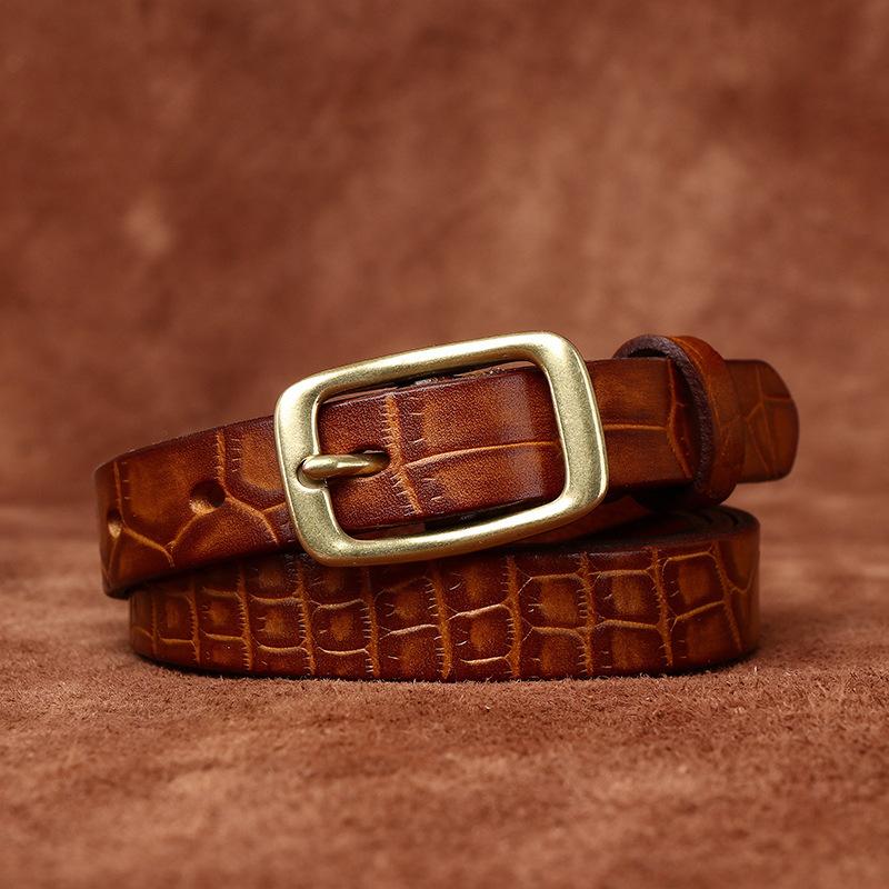Fine Women's Belt Italian Retro Fashion All-Matching Decorative Genuine Cattlehide Leather Surface Pressure Crocodile Pattern Belt for Women