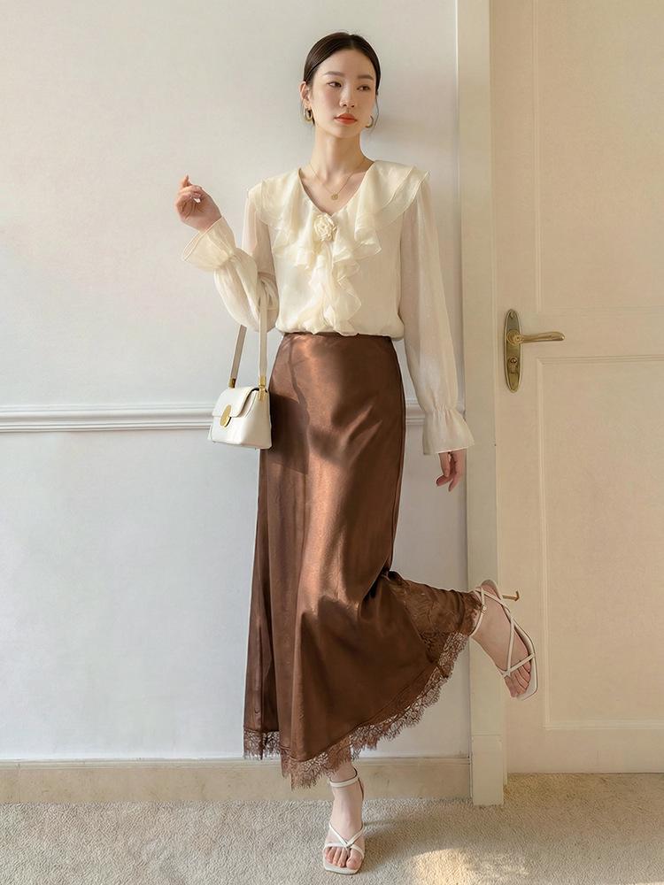 Fei Yuan Women's Satin A-line Drape Skirt, Lace-lined, Solid Color, Early Spring 2026 Fashion Arrival
