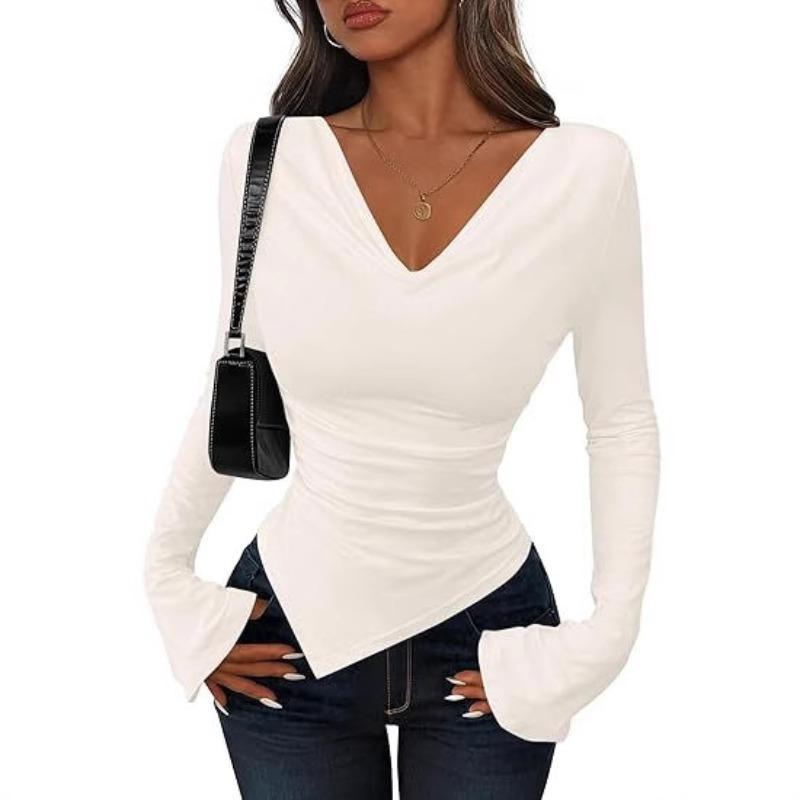 Autumn and Winter Women's Solid Color Long-sleeved Asymmetrical Top T-shirt Fashionable and Comfortable