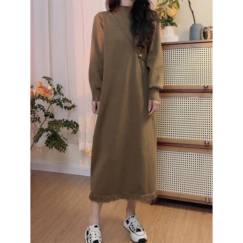 Large Size Fringed Design Over Knee Primer Sweater Skirt Autumn and Winter Knitted Dress Women