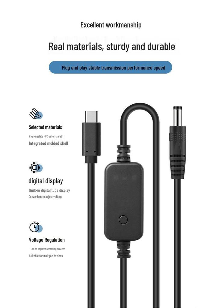 Adjustable Voltage Type-C to DC Power Cable 12V with Digital Display, 5V/9V/15V/20V 3A PD Trigger Charging