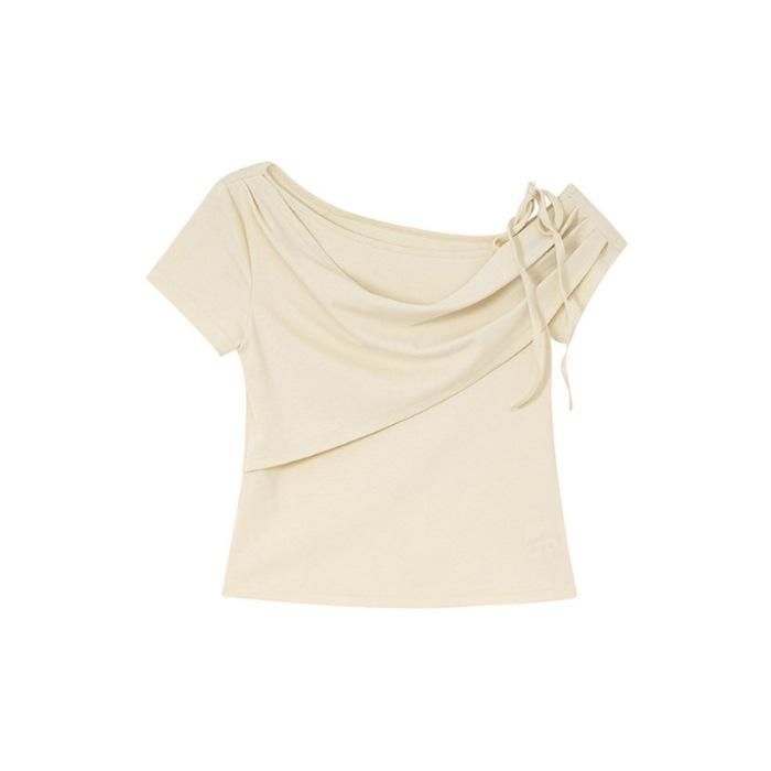 Korean fake two-piece design slanted shoulder straps short-sleeved T-shirt summer fashion slim-fitting versatile off-shoulder top women ins