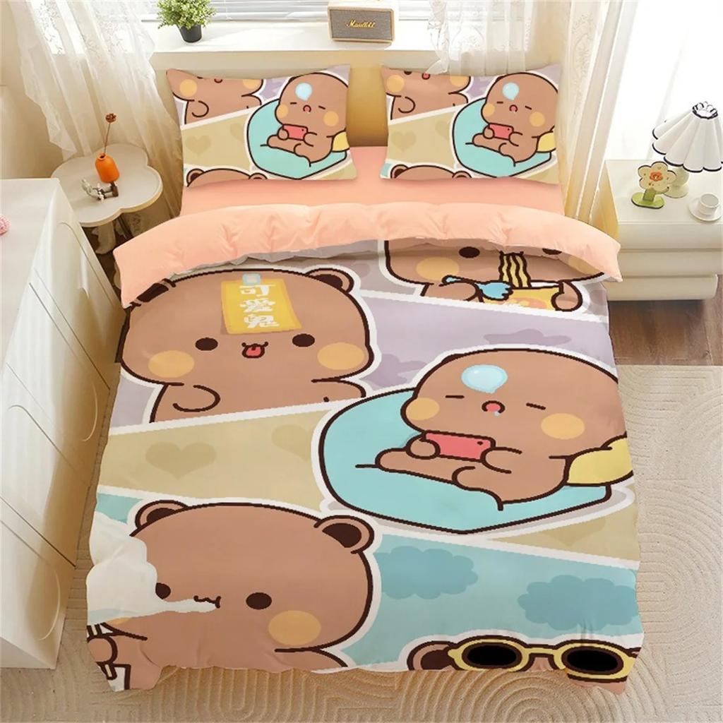 Cute Bear Bedding Set, Bubu Dudu Bear Printed Duvet Cover for Kids Boys Girls Teens,Cartoon Animal Pattern Quilt Cover Single