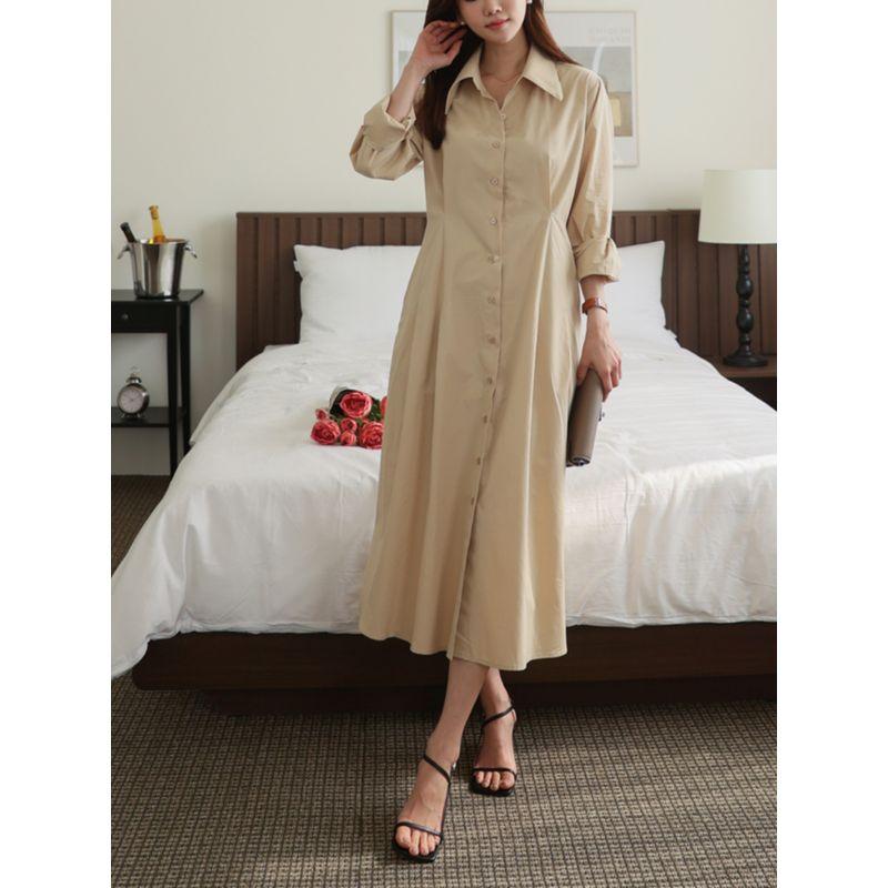K-style Plus Size Women's Autumn Single-Breasted Shirt Collar Work Clothing Ol Long Sleeves Mid Length Long Length Shirt Dress L-4XL