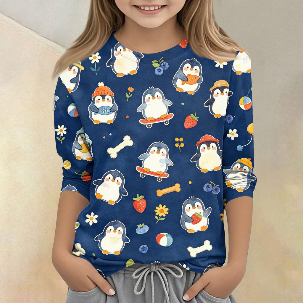 Kids Animal Print Crew Neck Three Quarter Sleeve Casual T-Shirt Soft Fabric Comfortable Fit Suitable for Everyday Wear