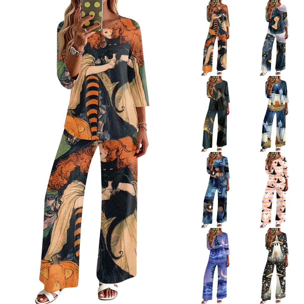 Women's Casual Round Neck Loose Fit Three-Quarter Sleeve Top and Pants Set for Everyday Wear