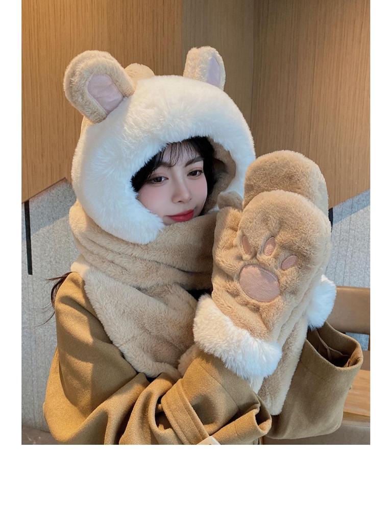 Women's Fleece-Lined Winter Hat & Scarf Three-Piece Set with Gloves and Hooded Rabbit Ears