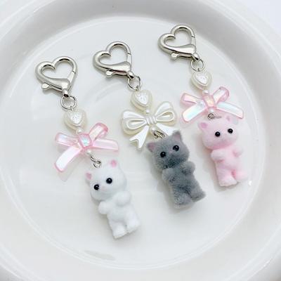 Cartoon Cat Pendant Keychain Flocking Animals Pendant Key Chain Heart Bow Shaped Key Ring  Gifts