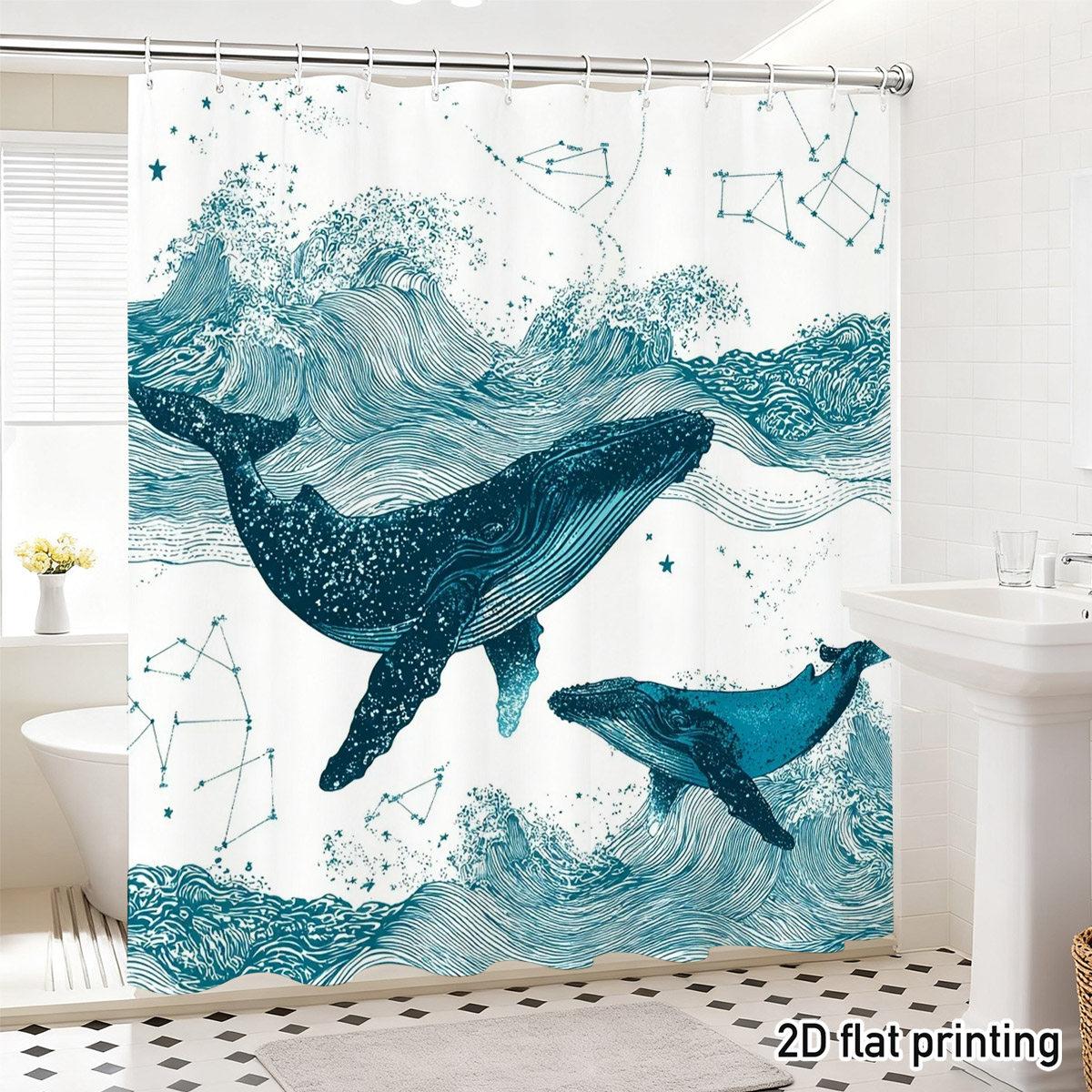 Whale Ocean Shower Curtain Teal Line-Art Whales Amid Swirling Waves & Constellations White Background Nautical Art Decor (as the picture,W90xH180CM)