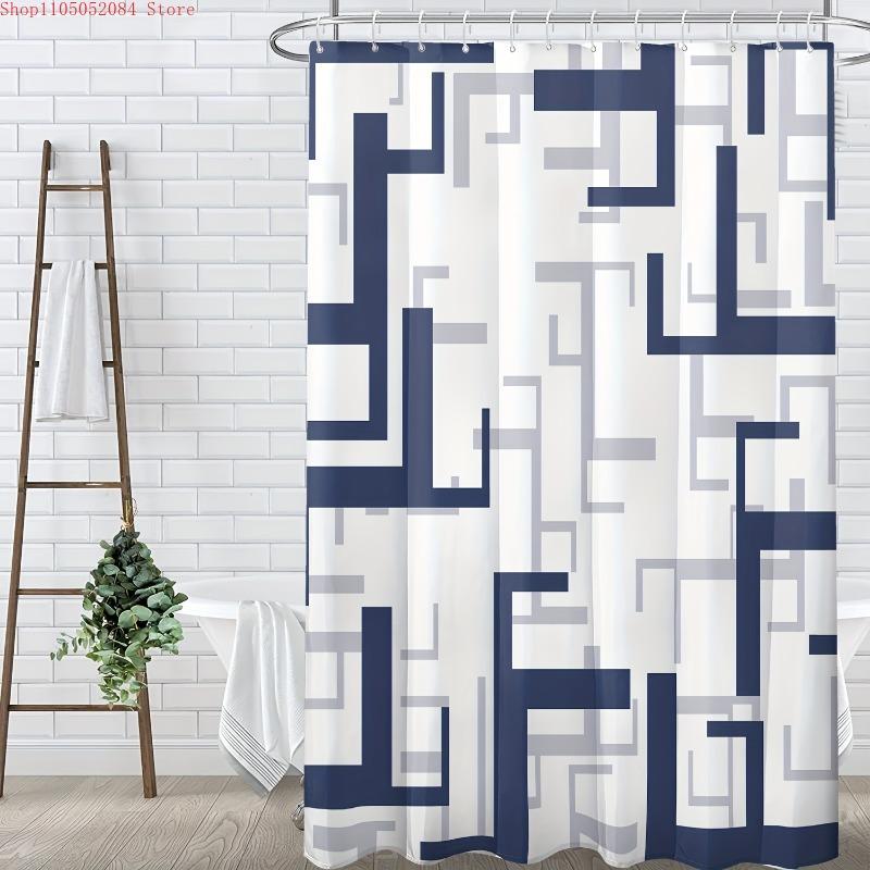 1pc Blue Geometric Image Shower Curtain Abstract Art  -   With Hooks Waterproof Mildew Proof Easy Install Washable