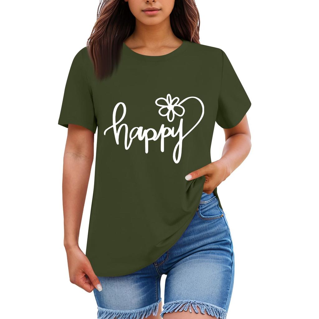 Ladies' Loose Comfortable Casual Fashionable “Happy”Character Printed Round Neck Short Sleeved Shirt