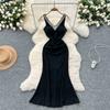 Summer Women V-neck Sleeveless Beaded Solid Evening Party Mermaid Fishtail Long Midi Dresses