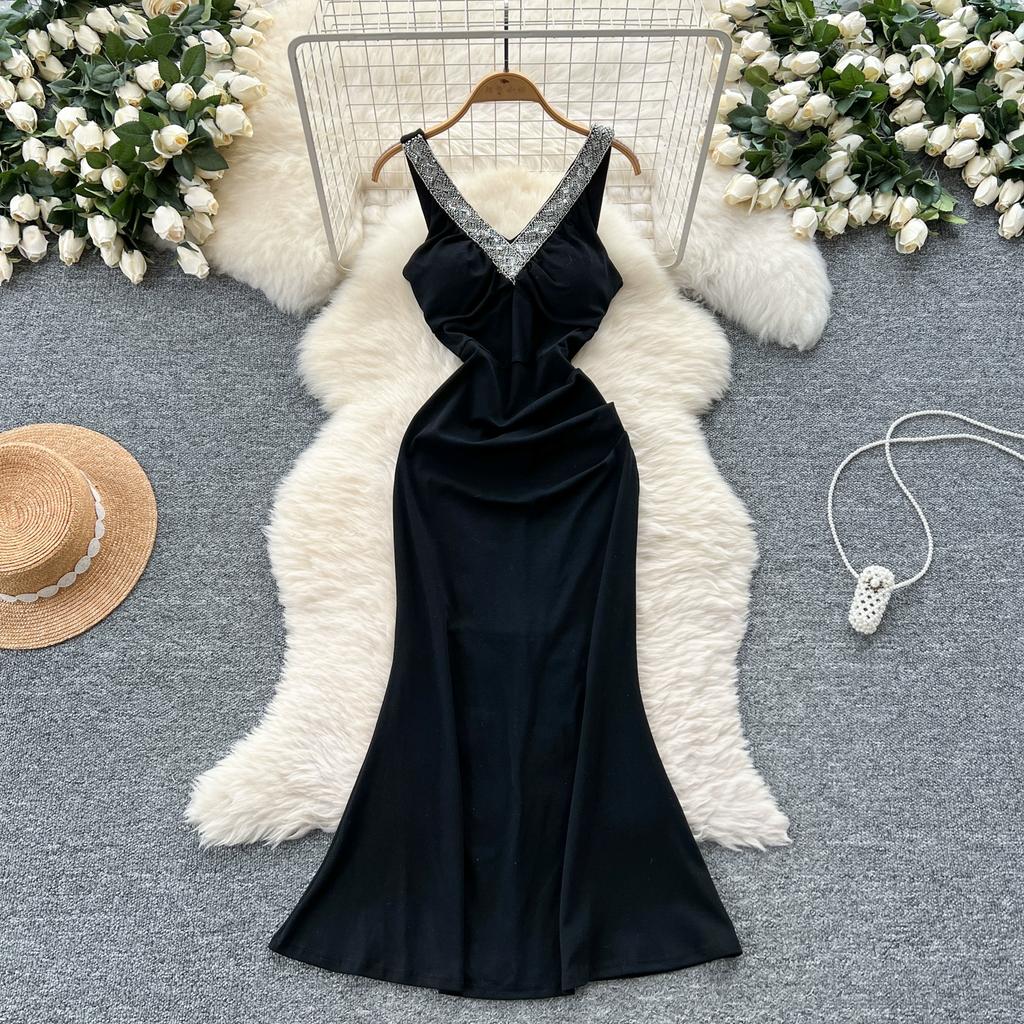 Summer Women V-neck Sleeveless Beaded Solid Evening Party Mermaid Fishtail Long Midi Dresses