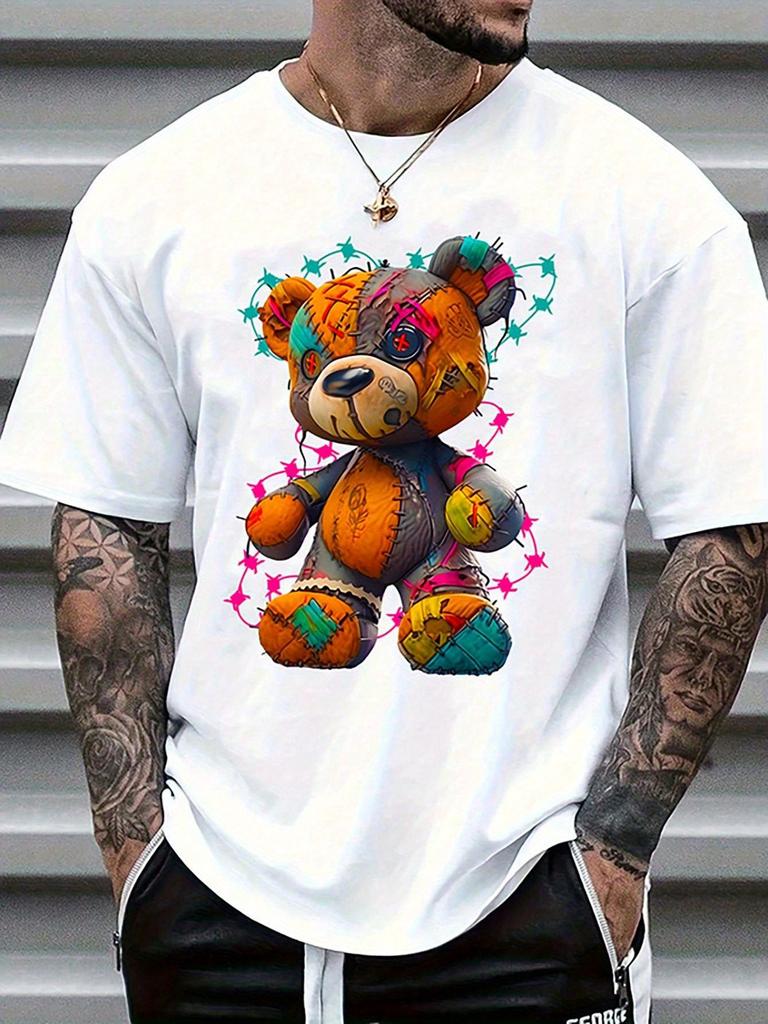 T-shirt da uomo estiva 100% cotone, alla moda, casual, sportiva, ampia, con stampa di orsetto Teddy cartoon, girocollo, manica corta
