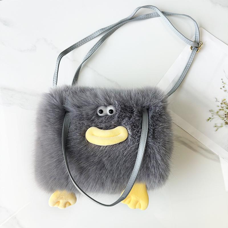 2025 Осень/Зима Милая Мультяшная Плюшевая Сумка Кроссбоди для Девочек - Милая и Пушистая Одноплечевая темно серый