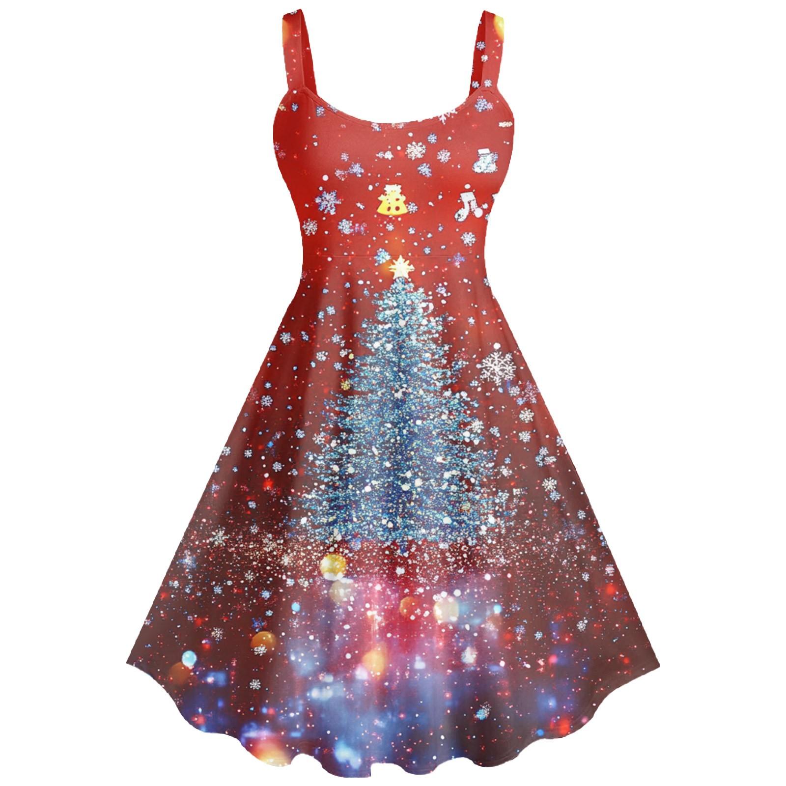 

Женское повседневное модное рождественское печатное сексуальное ретро-платье с подтяжками, большая юбка-свитер M киноварь