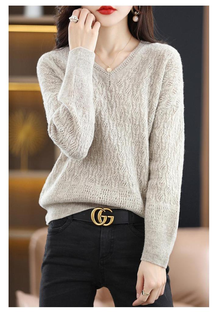 Women's Cashmere Loose Knit Sweater V2023 - Hollow-Out Pullover with Pure Wool Collar