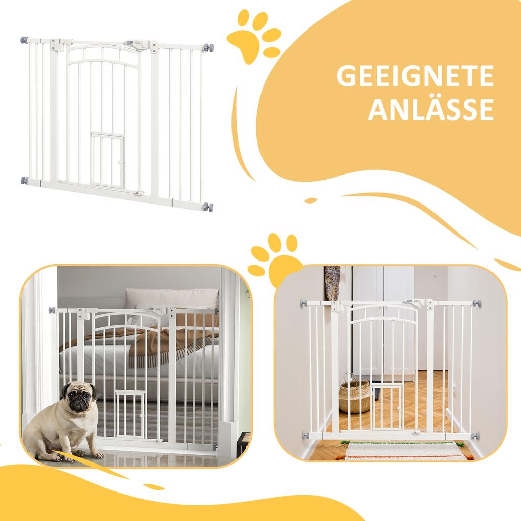 Pressure Fit Stair Dog Gate W/ Small Cat Door, Automatic Closing Door, Double Locking, for 74-100cm Openings - White