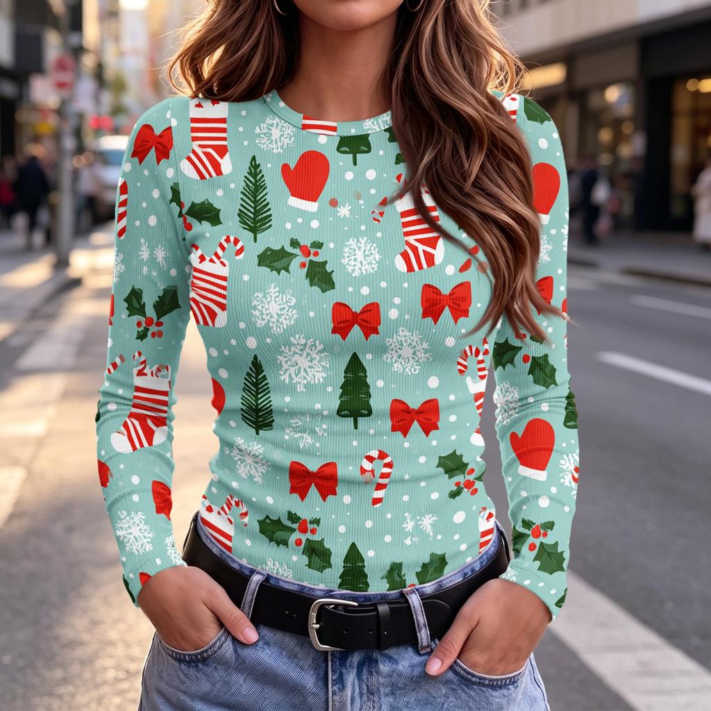 Damen Slim Fit Langarm-T-Shirt mit festlichem Aufdruck am Ausschnitt Lässiges Oberteil