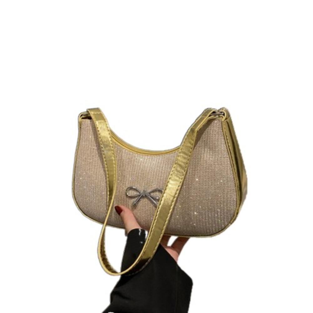 Shiny Underarm Tote Bag Solid Color Women Handbag Fashion Bowknot Shoulder Bag  Girls
