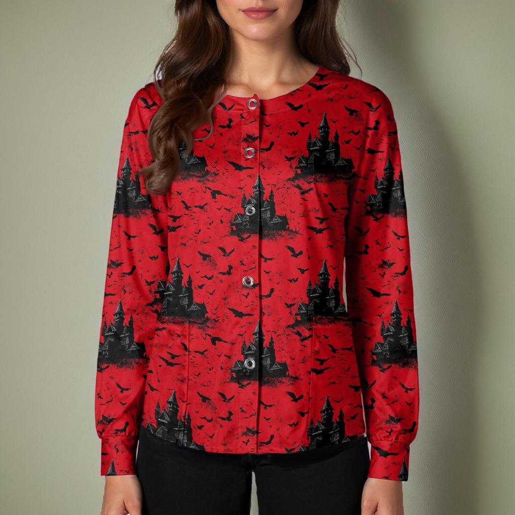 Women's Halloween Print Long Sleeve Cardigan Top with Single Button Front for Caregiver Uniform