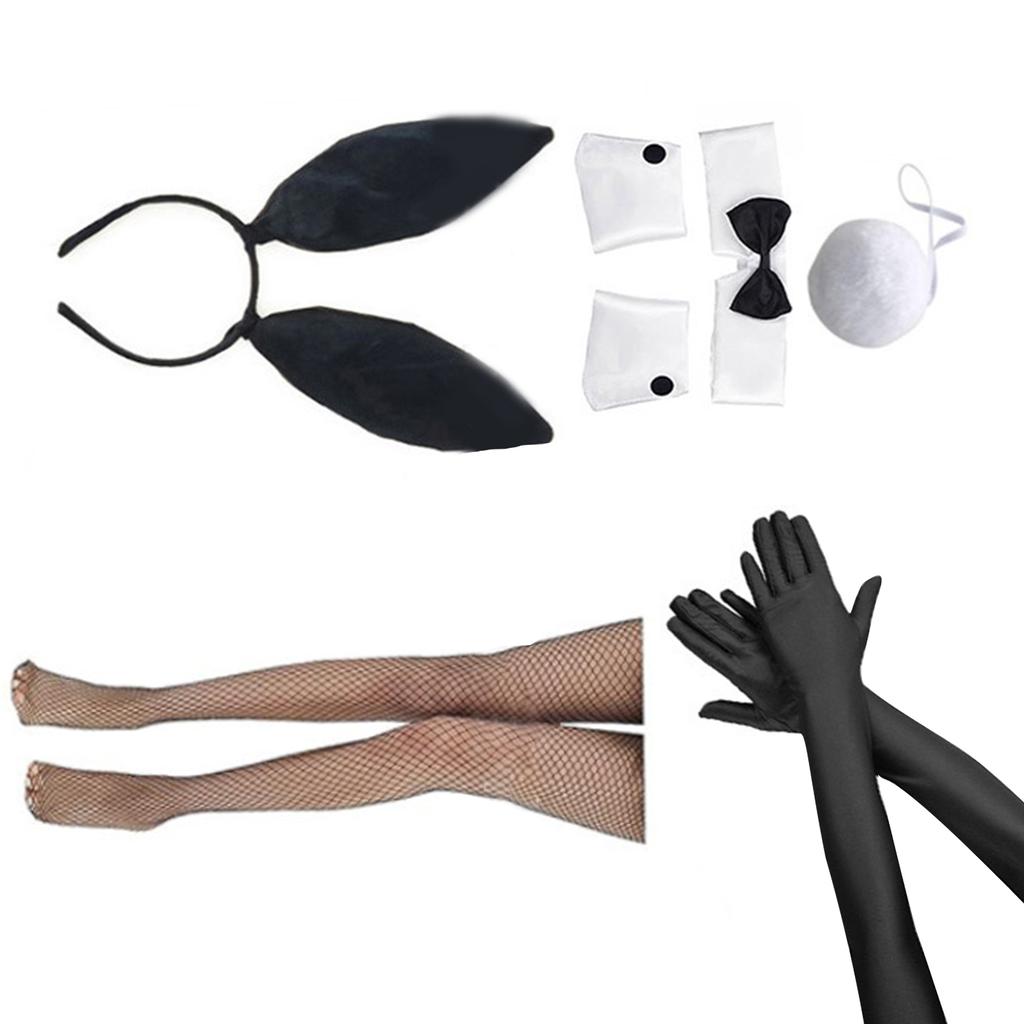 Adult Rabbit Ear Headband+Wrist Cuffs with Long Glove&Fish Net Stocking Set Easter Necktie for Woman Festival Gift