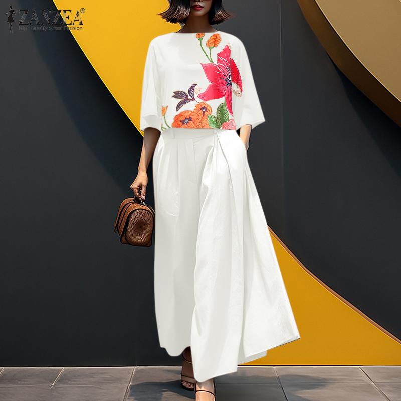 ZANZEA Women 3/4 Sleeve Print Blouse and Wide Leg Pants Casual Two Piece Suit Sets