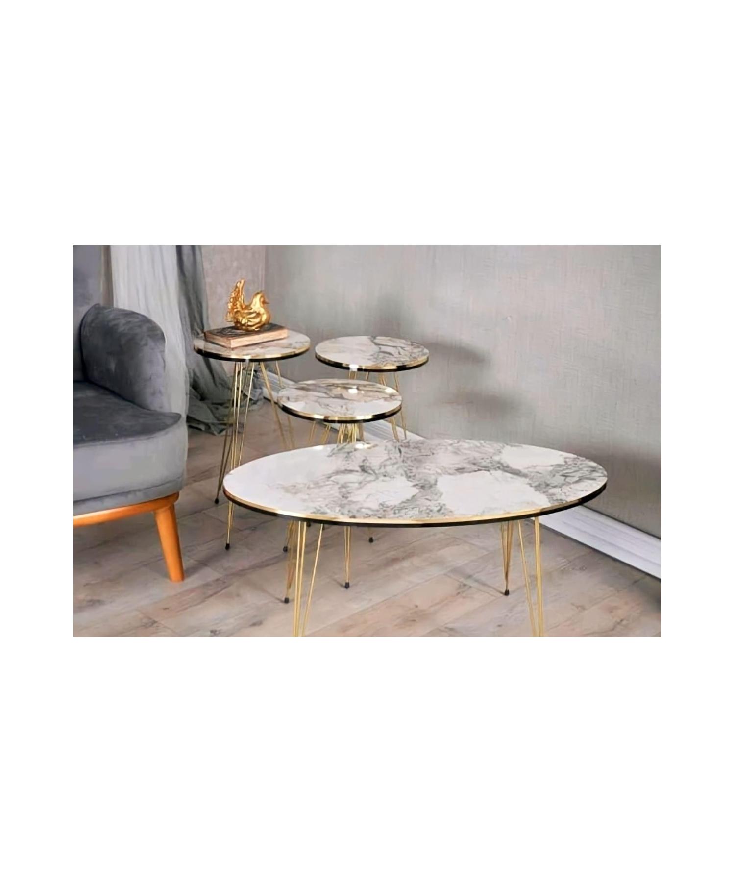 

Nesting Table And Center Table White Marble Pattern Set Gold Wire Leg
