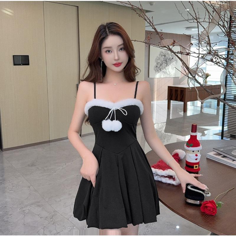 New Christmas Party Bunny Hairy Collar Off-the-Shoulder Bow Red Slim Suspender Dress