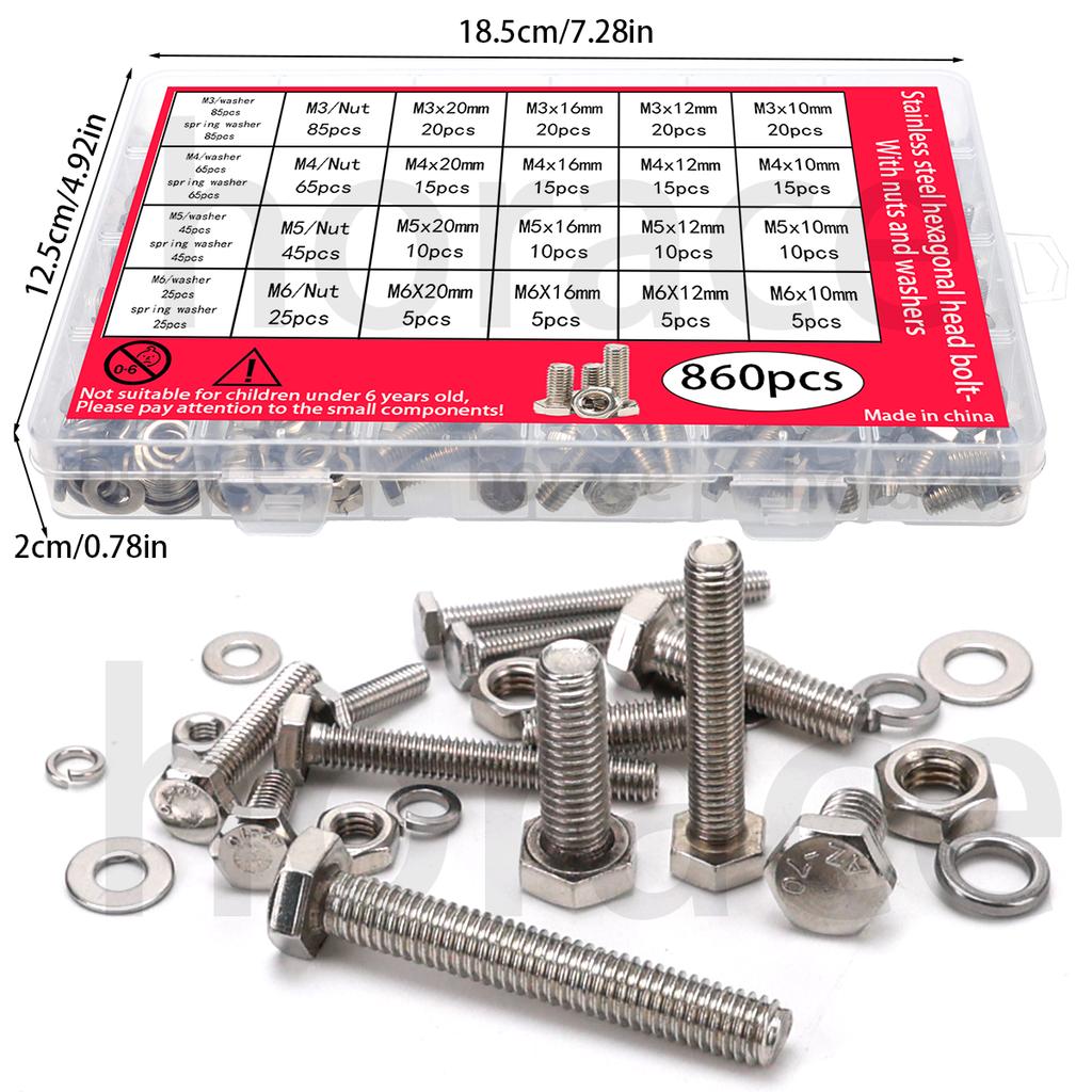 860pcs Stainless Steel Hex Head Bolt Assortment Kit w/Nuts+Washers+Springs - M3-M6 DIN933 Grade 8.8/10.9, A2/A4 Marine Grade